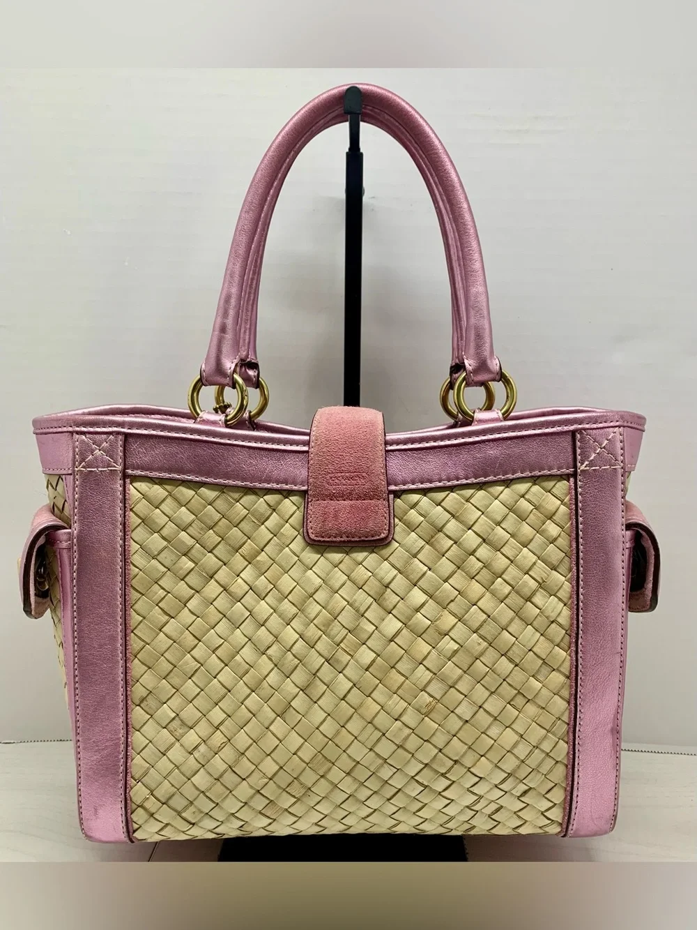 Coach Vintage 2004 Hamptons Pink Metallic Leather, Suede & Straw Tote,